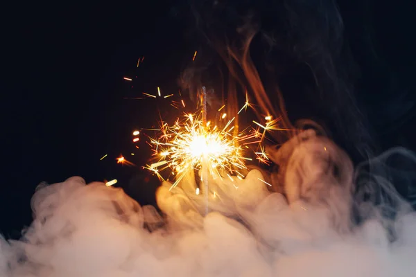 Fire Sparkler Dense Smoke Abstract Christmas Firework Background — Stock Photo, Image