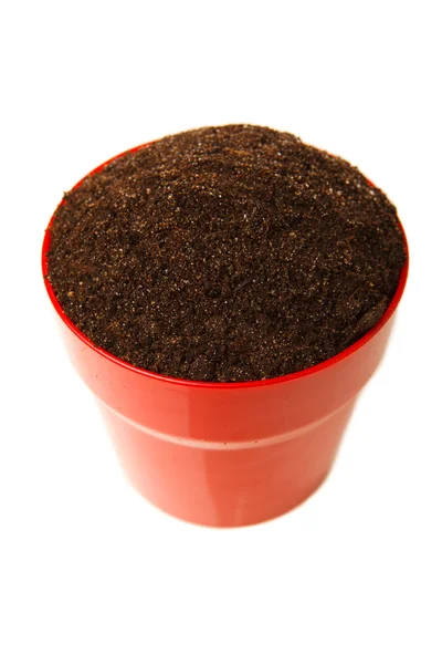 Soil in the red pot, isolated on white — Stock Photo, Image