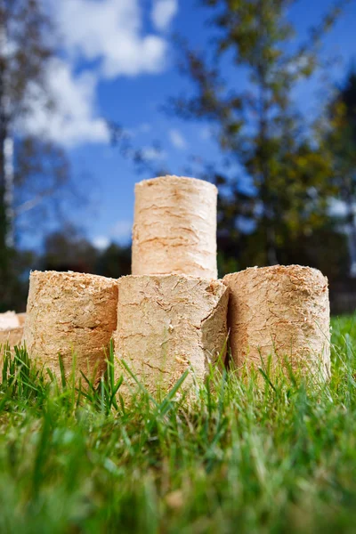 Pellet di legno su sfondo verde erba — Foto Stock