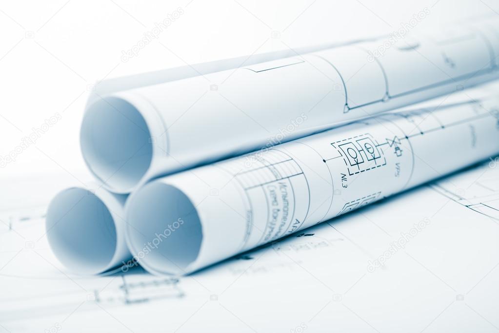 project plan background with blueprints rolls