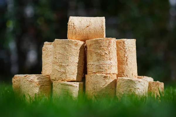 Pellets de madera sobre fondo de hierba verde — Foto de Stock