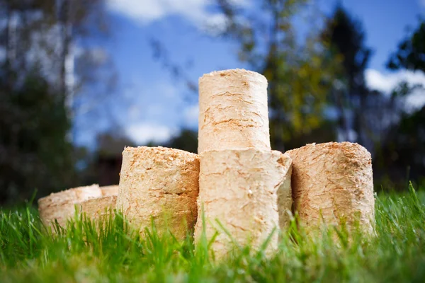 Pellet di legno su sfondo verde erba — Foto Stock
