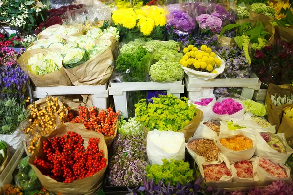 Veelheid van kleur bloemen op de groothandelsmarkt — Stockfoto