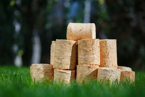 Dřevěné pelety na zelené trávě pozadí — Stock fotografie