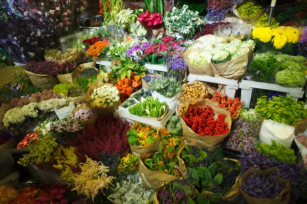 Veelheid van kleur bloemen op de groothandelsmarkt — Stockfoto