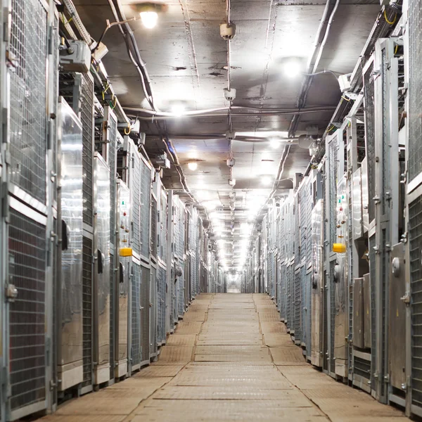 Electric boxes corridor of industrial building — Stock Photo, Image
