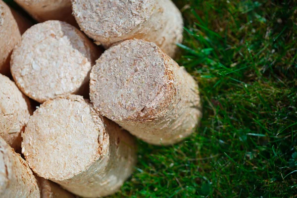 Wooden pellets on green grass background — Stock Photo, Image