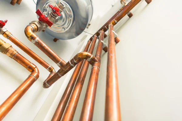 Copper pipes engineering in boiler-room — Stock Photo, Image