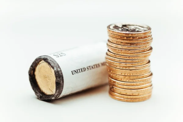 Golden dollar coins, US mint roll — Stock Photo, Image