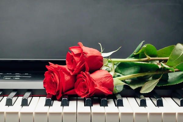 Red roses on piano keys with copy-space — Stock Photo, Image