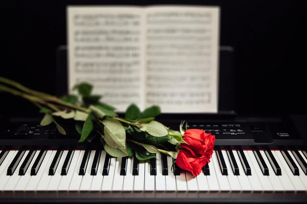 Rose rosse sui tasti del pianoforte e libro di musica — Foto Stock