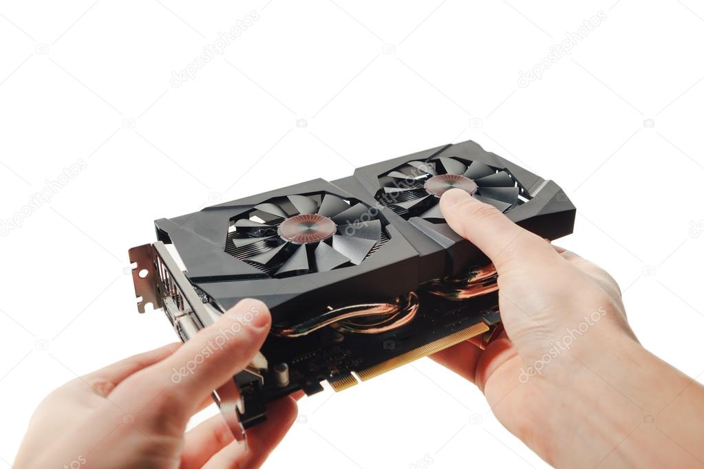graphic video card in hands, isolated on white