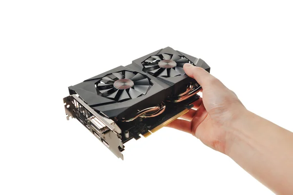 Graphic video card in a hand, isolated on white — Stock Photo, Image