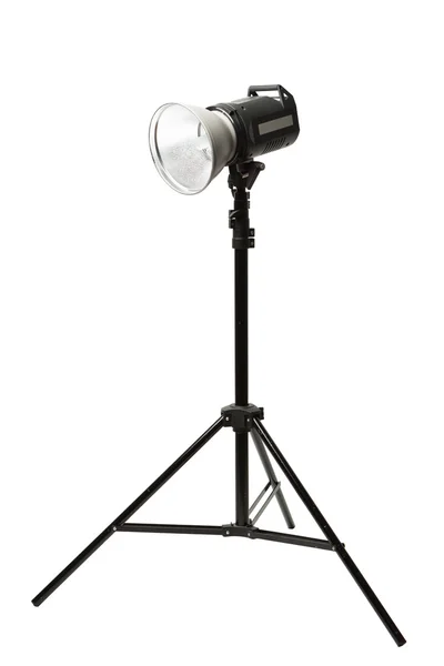 Photo studio flash light on the tripod, isolated on white — Stock Photo, Image