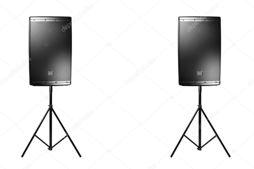 professional audio speakers PA on the tripods, isolated on white