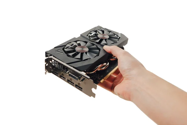 Graphic video card in a hand, isolated on white — Stock Photo, Image