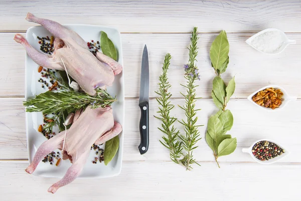 Raw poussin with herbs and spices — Stock Photo, Image