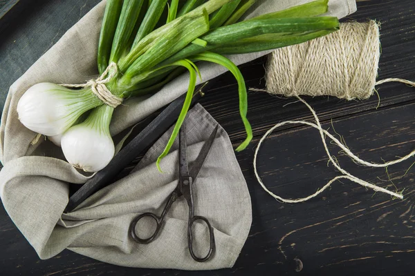 Fresh spring onions and old scissors — Stock Photo, Image