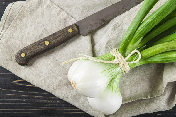 Fresh spring onions and old scissors — Stock Photo, Image