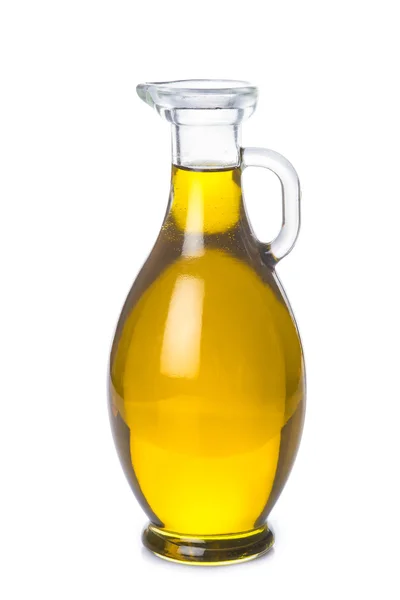 Μπουκάλι ελαιόλαδο απομονωμένη σε ένα λευκό αμουδερές — Φωτογραφία Αρχείου
