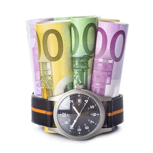 Time is money, watch and banknotes — Stock Photo, Image