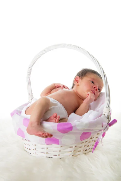 Menina recém-nascida feliz dormindo em uma cesta — Fotografia de Stock