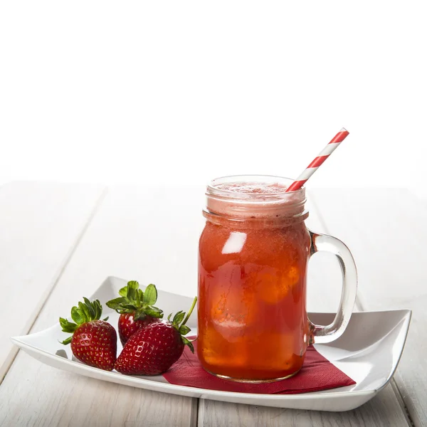 Strawberry smoothie in a glass jar — Stock Photo, Image