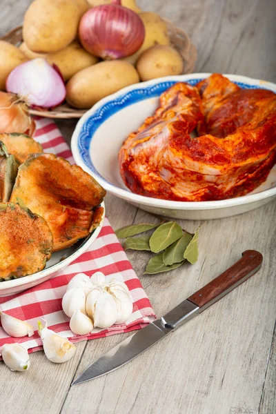 Saffron Milk Caps Potatoes Pork Ribs Kitchen Table — Stock Photo, Image