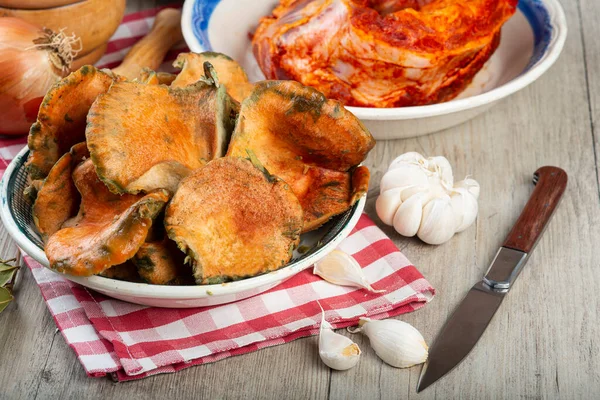 Saffron Milk Caps Potatoes Pork Ribs Kitchen Table — Stock Photo, Image