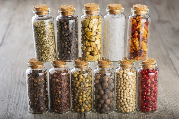 Glass Jars Different Types Spices Pepper Corns — Stock Photo, Image