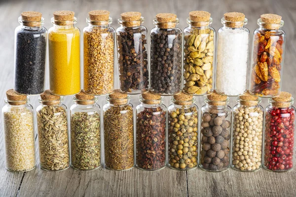 Glass Jars Different Types Spices Pepper Corns — Stock Photo, Image