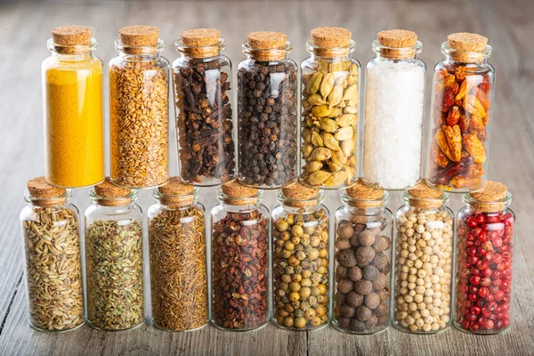 Glass Jars Different Types Spices Pepper Corns — Stock Photo, Image