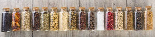 Panoramic View Glass Jars Different Spices Pepper Corns — Stock Photo, Image