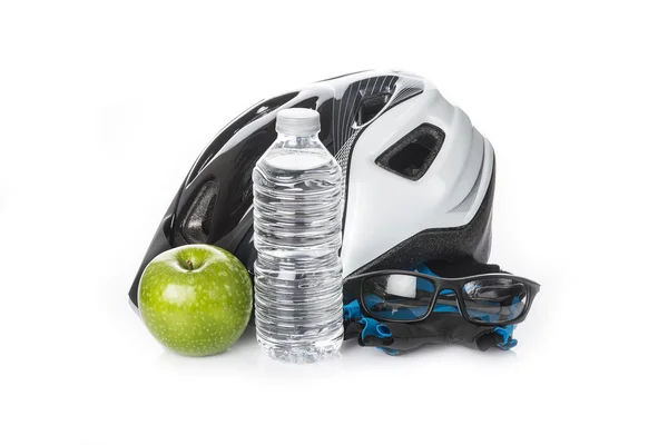 Artículos para un ciclismo seguro y una dieta saludable — Foto de Stock