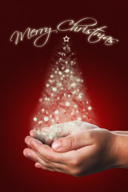 Noel kartı bir çocukla kırmızıyla eller