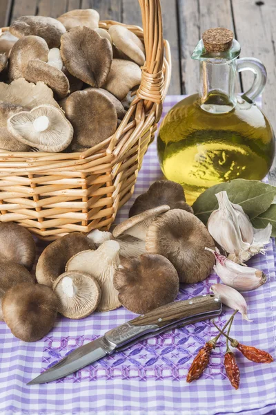 Cesta com cogumelos e ingredientes para cozinhar — Fotografia de Stock