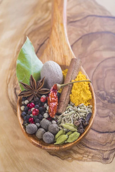 Wooden spoon with assortment of spices — Stock Photo, Image
