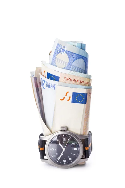 Time is money, watch and banknotes — Stock Photo, Image