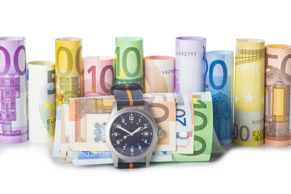 Time is money, watch and banknotes — Stock Photo, Image