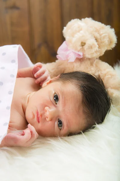 Happy newborn girl whit her teddy — Stock Photo, Image