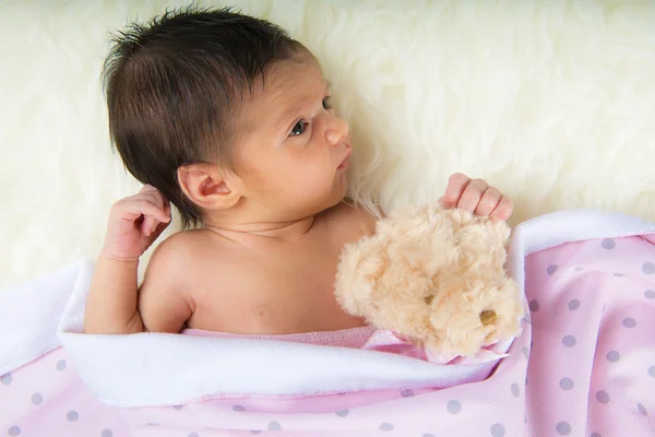 Happy newborn girl whit her teddy — Stock Photo, Image