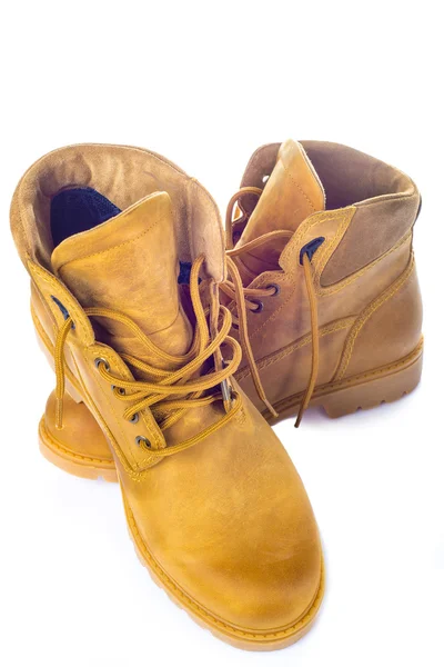 Botas de couro amarelo isolado no branco — Fotografia de Stock