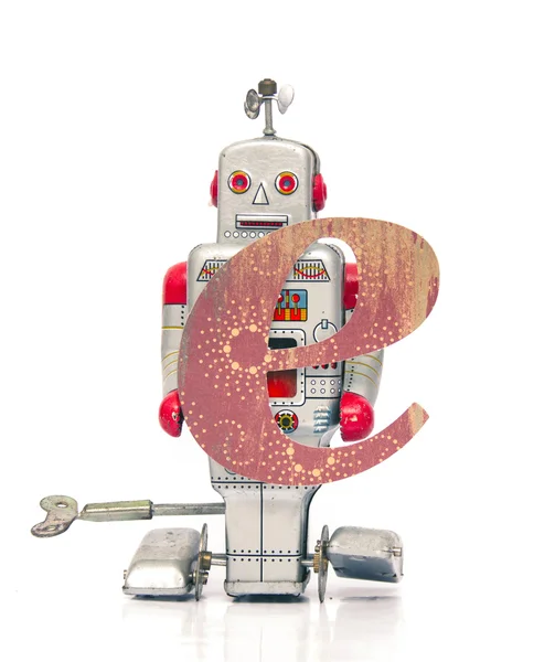 Roboter hält Buchstaben auf weiß — Stockfoto