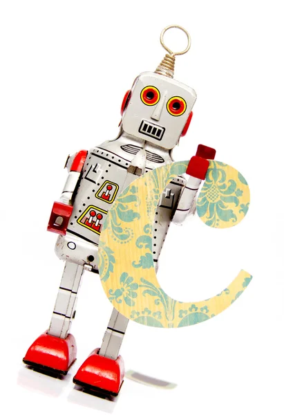 Robot  holding up letters on white — Stock Photo, Image