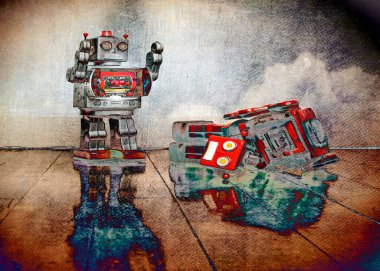 Robot savaşları kırmızı robot eski ahşap zeminde yenildi