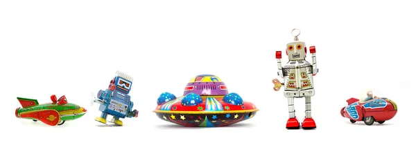 Retro Isolierte Spielzeug Roboter Rakete Und Ufo — Stockfoto