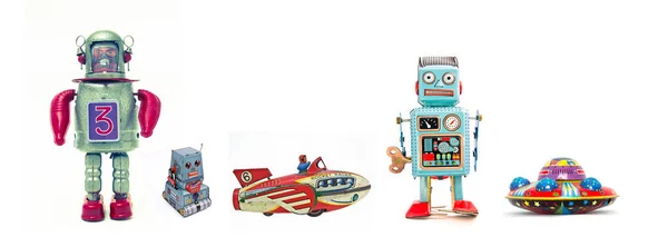 Retro Isolierte Spielzeug Roboter Rakete Und Ufo — Stockfoto
