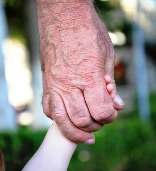 El abuelo sostiene la mano del bebé — Foto de Stock