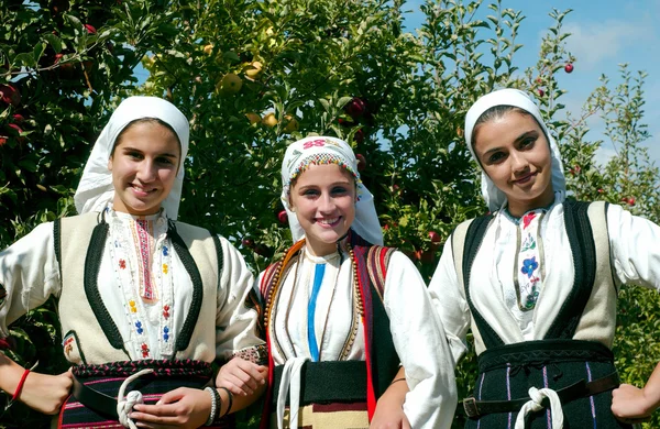 Chicas en ropa macedonia tradicional posando en huerto de manzanas —  Fotos de Stock