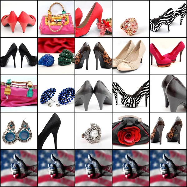 Collage di tacchi alti, gioielli e borse alla moda — Foto Stock